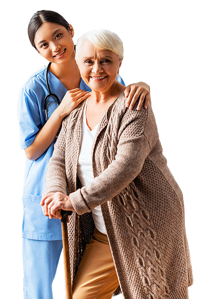 young caregiver holding senior woman